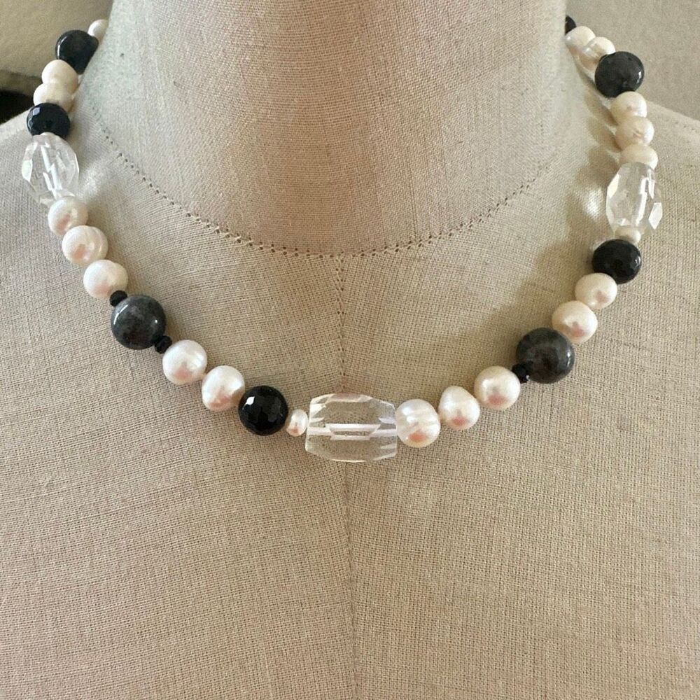 Pearl & Dark Stone Crystal Statement Necklace